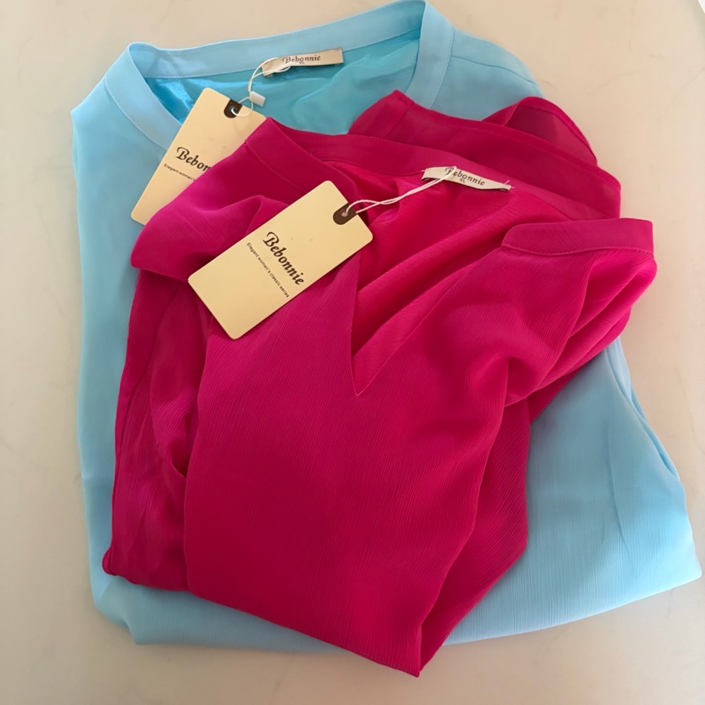 Two Women's Silky V-Neck Tops - Hot Pink and Blue XL Bebonnie